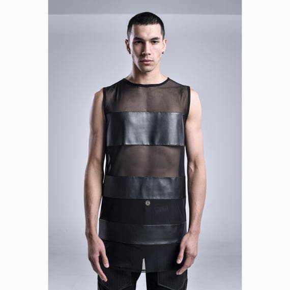 Seraph Tank Top: Men's Black Tank Top | Futuristic Sleeveless Top | Black Mesh Streetwear