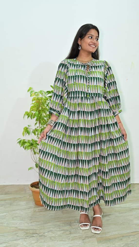 Hand block print cotton midi dress with pockets