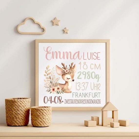 Personalized floral nursery poster with name and birth details