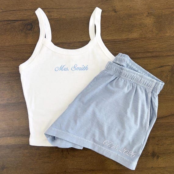 Custom Embroidered Crop Tank Top, Personalized Mrs. Name Tank Top, Embroidered Date Shorts, Engagement Gift, Bachelorette Gift, Bride To Be