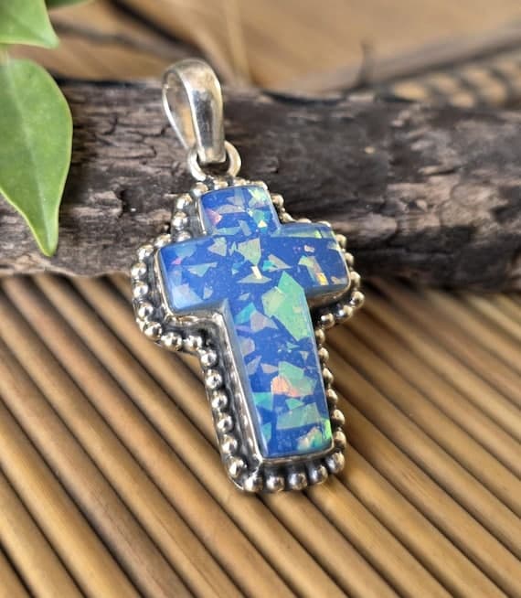 Blue Fire Opal Cross Pendant in Sterling Silver