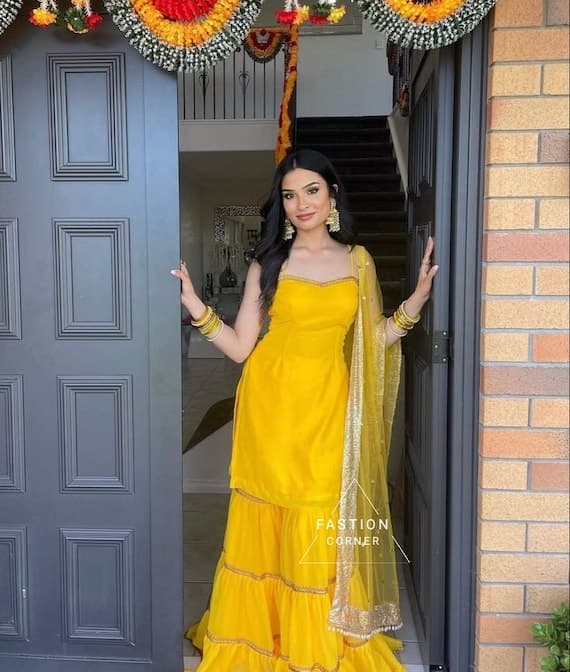 Yellow Georgette Kurti Sharara Set