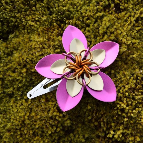 Large Floral Scalemaille Hair Barrette in Pink and Gold