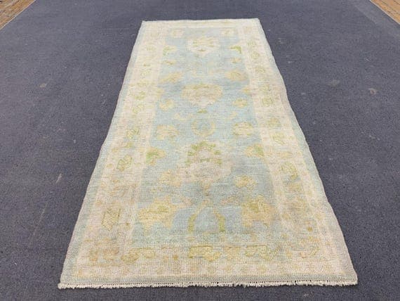 Vintage wool and cotton Oushak rug in deep blue