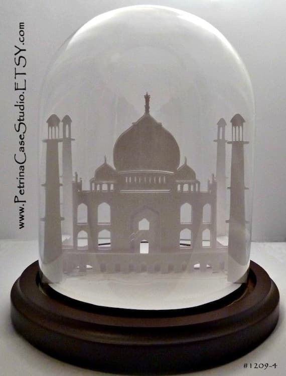 Taj Mahal Paper Sculpture Under Glass Dome