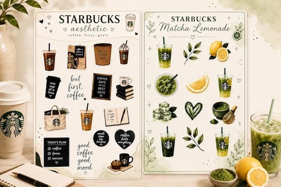 Starbucks-inspired coffee and matcha lemonade sticker sheet