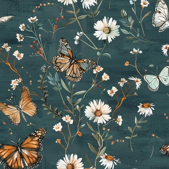 Moody Teal Butterfly Floral Cotton Fabric