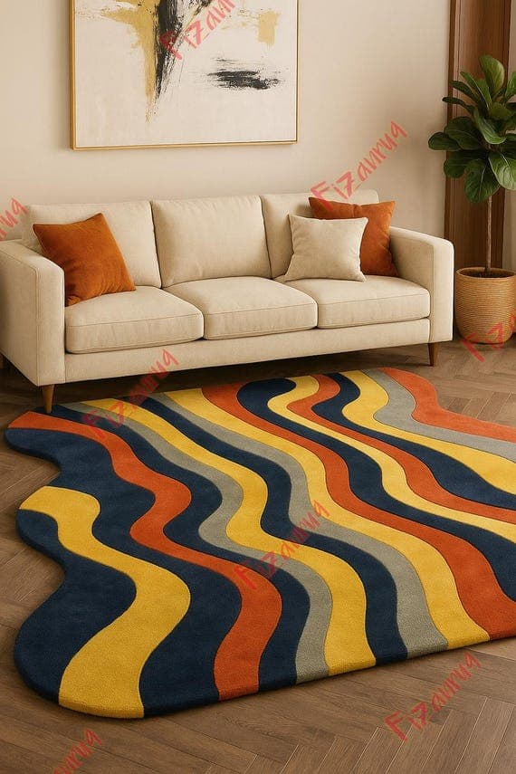 Hand-tufted wave rug in mustard, navy, and burnt orange