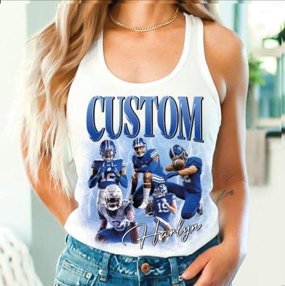 Custom Football Player Racerback, Football Bootleg Photo Tank Top