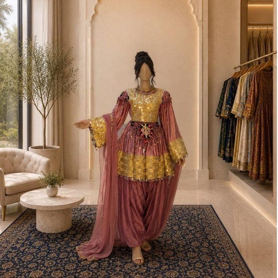 Handcrafted Traditional Afghan Dress with Gold Embellishments