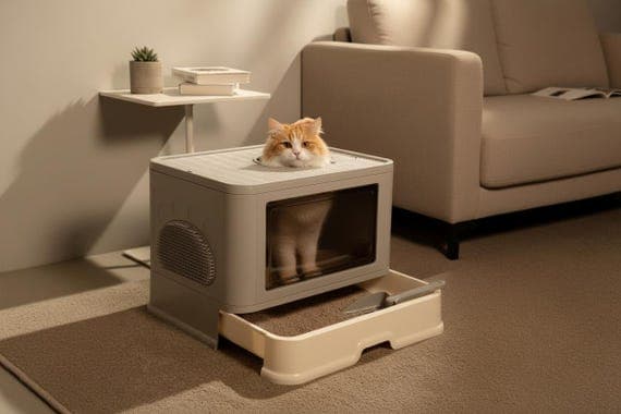 Large Top Entry Cat Litter Box - Enclosed Hooded With Drawer & Scoop
