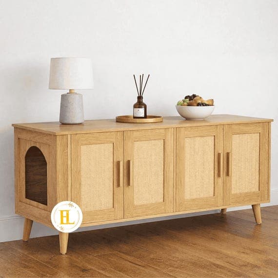 Wooden Cat Litter Box Enclosure - Two Cats Spacious Boho Style Multi-Purpose Pet & Home Furniture