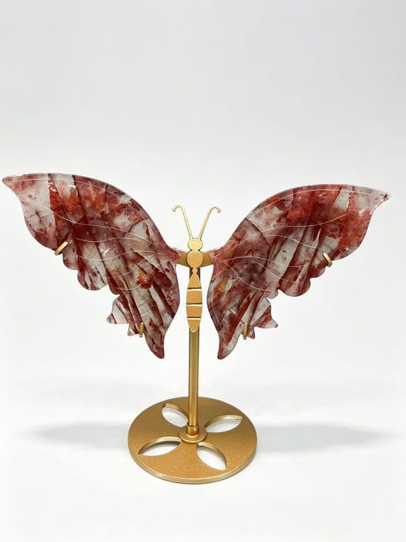 Fire Quartz Butterfly Wings Sculpture with Gold Stand