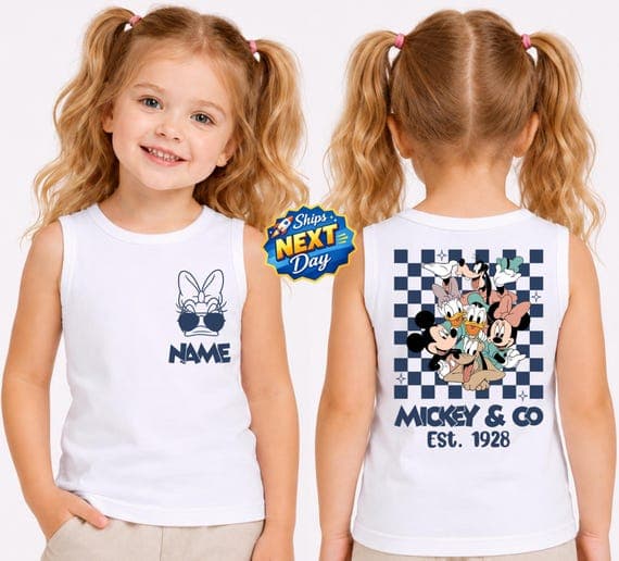 Disney Two Sided Checkered Matching Jersey Tank Top for All Sizes Custom Name Mickey and Friends Tank Tops Disneyland Tank Top