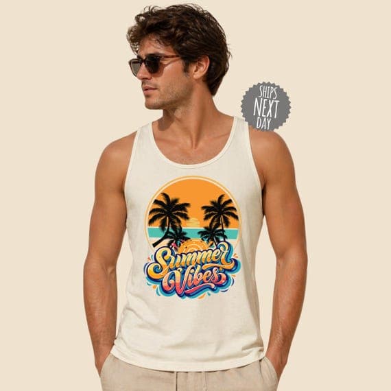 Summer Vibes Tank Top Retro Beach Sunset Palm Tree Graphic Shirt Vacation Summer Shirt Tropical Graphic Tee Unisex Summer Tank Beach Outfit