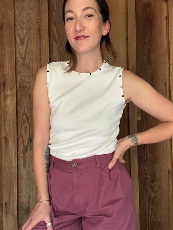 90s white cotton tank w/ jeweled accents