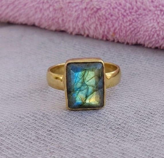 Blue Labradorite Brass Statement Ring