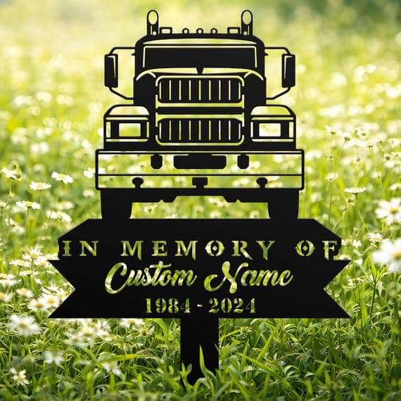 Laser-cut steel semi-truck memorial stake