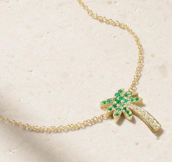 Elegant 925 Silver Palm Tree Pendant with Emerald and Diamond