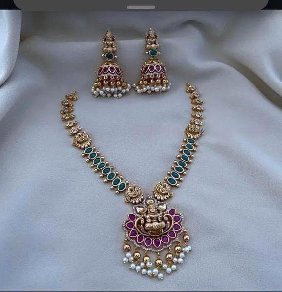 South Indian temple jewelry necklace set with jhumka earrings
