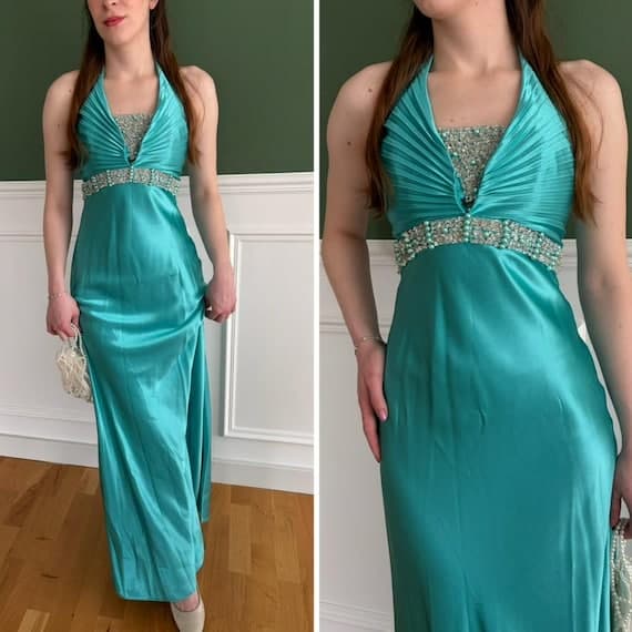Turquoise Y2K Maxi Evening Dress with Rhinestones