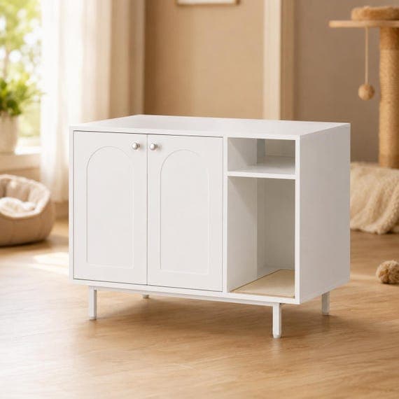 Modern Hidden Cat Litter Box Cabinet, Wooden Pet House Side Table, White Gold Grey