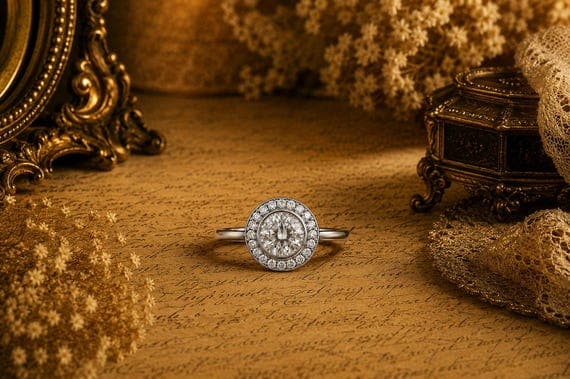 Vintage-inspired halo engagement ring with round cut stone