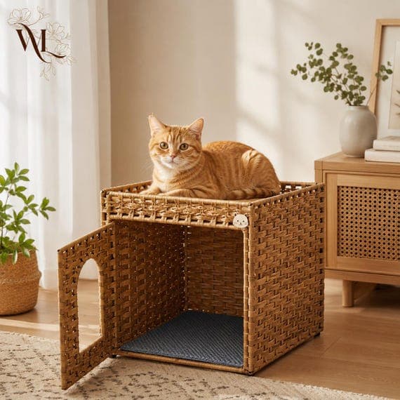 Rattan Cat Litter Box Enclosure, Hidden Litter Box Furniture, Handwoven Cat House