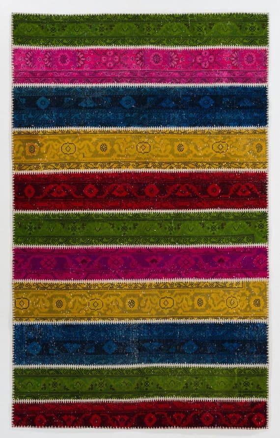Hand-stitched Turkish patchwork rug in vibrant colors