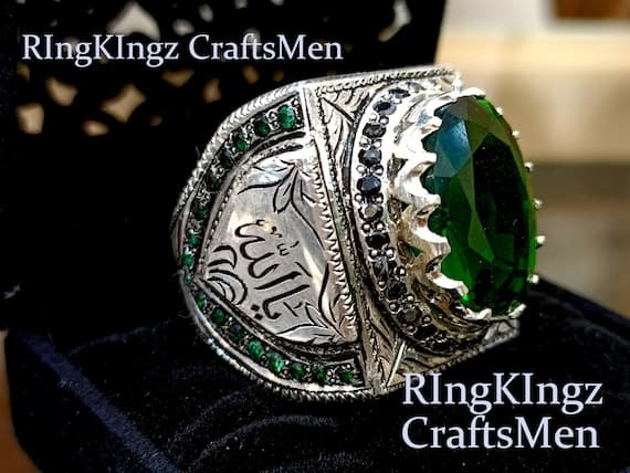 Handmade Sterling Silver Quran Seal Ring with Lab-Created Emerald