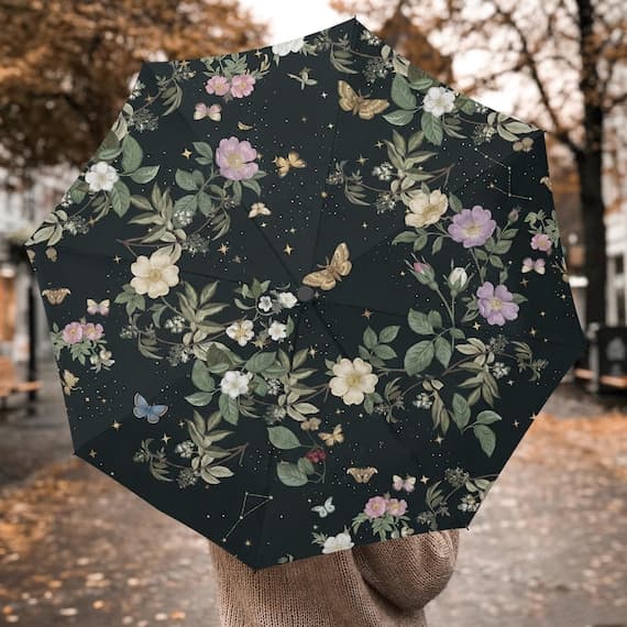 Midnight Pastel Flowers & Golden Stars Umbrella