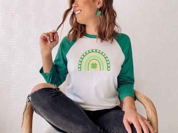 Green 3/4-sleeve baseball tee for St Patrick's Day