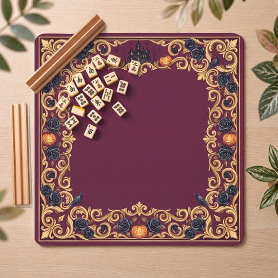 Gothic Halloween Mahjong Mat in Burgundy and Gold