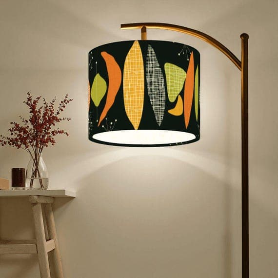 Mid-century arc floor lamp with linen shade and smart features