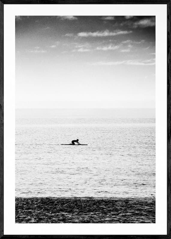 Framed Black and White Photograph of Paddleboarder at Branksome Beach