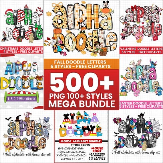 Holiday Doodle Alphabet PNG Design Bundle