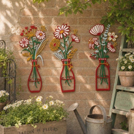 Vintage Red Metal Floral Garden Art Set