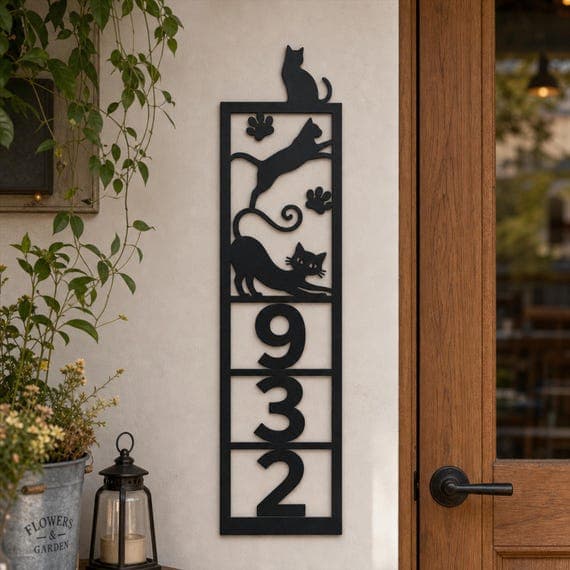 Black metal cat silhouette house number sign