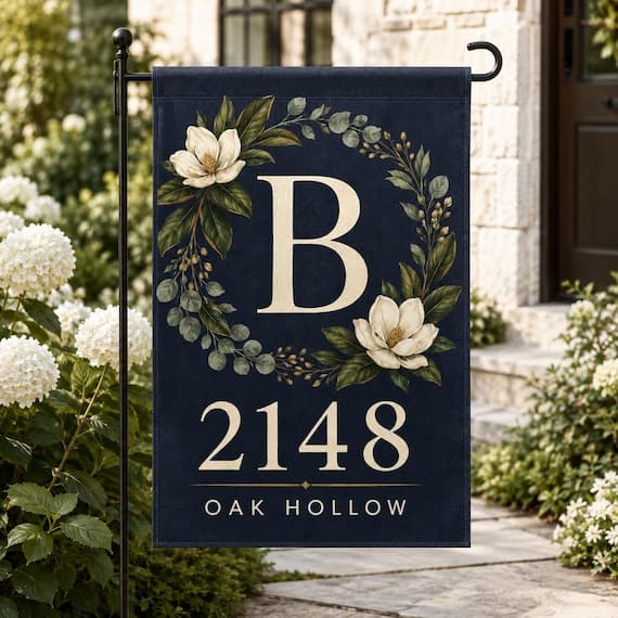 Personalized Navy Magnolia Garden Flag