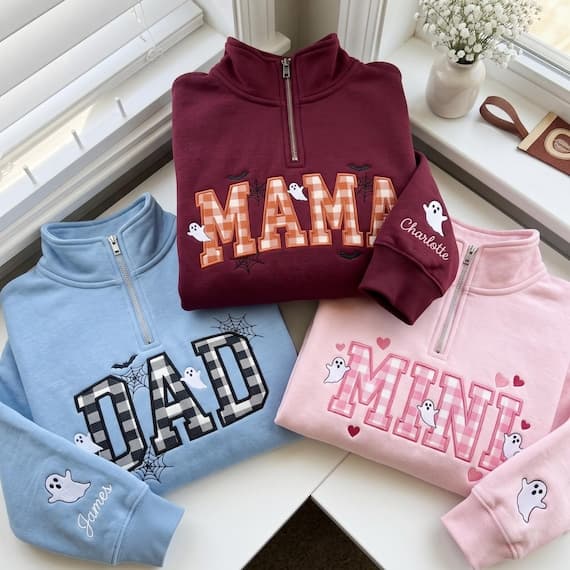 Embroidered gingham quarter zip sweatshirt with appliqué