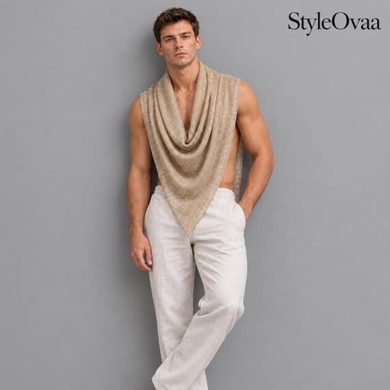 Men's Draped Cowl Neck Tank Top | Unisex Boho Poncho Scarf | Festival Summer Linen Poncho